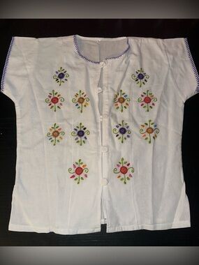 White Embroidered Button-Front Top with Multicolor Floral Motifs